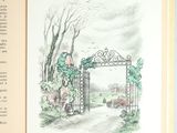 an open book with a drawing of a gate and a car