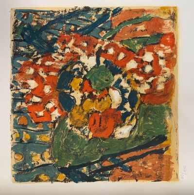 une image d'une peinture de fleurs dans un vase sur une table
