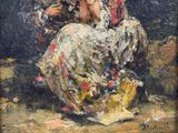 an oil painting of a woman in a colorful dress sitting on a rock
