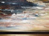 a painting of a boat in the water on the beach