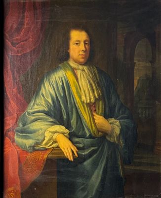 painting of a man in a blue robe sitting in a chair