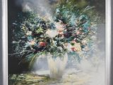 une peinture à l'huile représentant un vase de fleurs sur une table