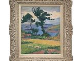 une image représentant un tableau de paysage avec des moutons au premier plan