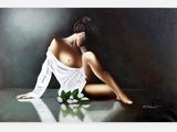 tableau représentant une femme assise par terre, une fleur à la main