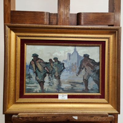 painting of a group of men riding horses in a city