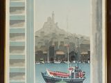 a picture of a painting of a boat in the water
