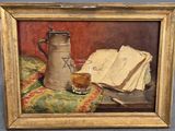 une peinture représentant un pichet et un verre posés sur une table