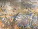 a painting of a view of the ocean from a window