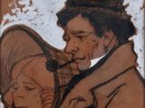 painting of a man and a woman in a top hat and coat