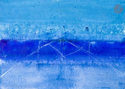 une peinture représentant une peinture bleue et blanche accrochée à un mur