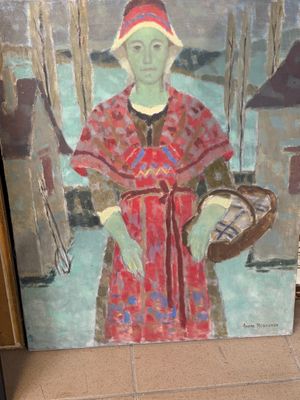 un tableau représentant une femme en robe rouge tenant un panier