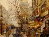 painting of a city street scene with people walking down the street