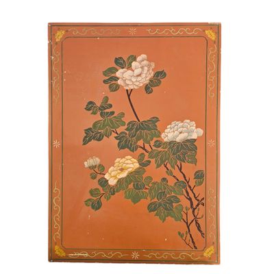a painting of flowers on an orange background with a gold border