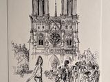 un dessin représentant un groupe de personnes devant une cathédrale