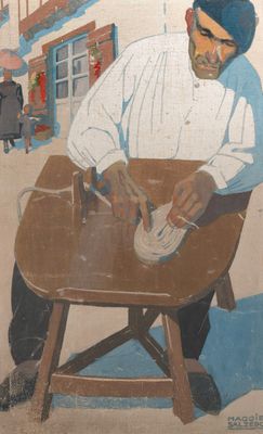 un tableau représentant un homme assis à une table avec une chaussure