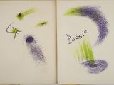 an open book with a drawing of a green and purple object