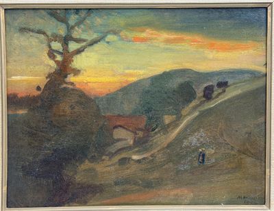 an image of a painting of a landscape with a tree in the foreground