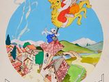 affiche de bande dessinée représentant un homme à cheval, avec deux lapins sur le dos
