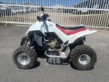 an image of a white four wheeler atv parked in a parking lot