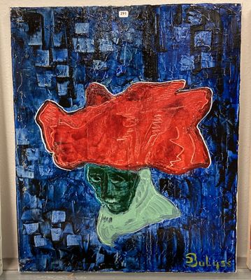 une peinture représentant un poisson rouge sur fond bleu