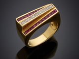 a gold ring with pink sapphires and diamonds