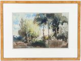 a painting of trees in a field with a sky in the background