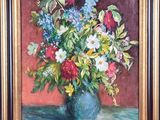 painting of a vase of flowers on a table with a red background