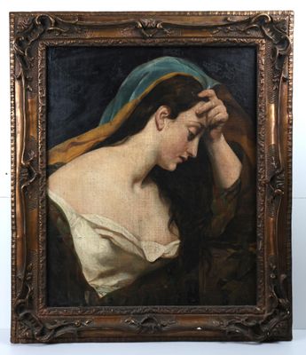 an oil painting of a woman with a blue head covering her face