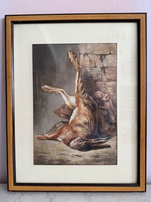 tableau représentant un chien mort gisant par terre à côté d'un tas de chaussures
