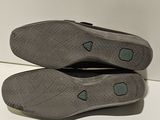 the bottom of a pair of gray shoes on a white surface