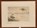 deux canards survolant un plan d'eau dans un tableau