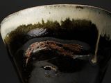 a close up of a black and white vase with a lizard on it