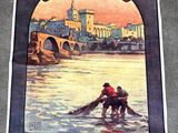 tableau représentant un couple dans une barque sur une rivière, avec un pont en arrière-plan