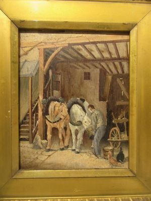a picture of a painting of horses in a barn