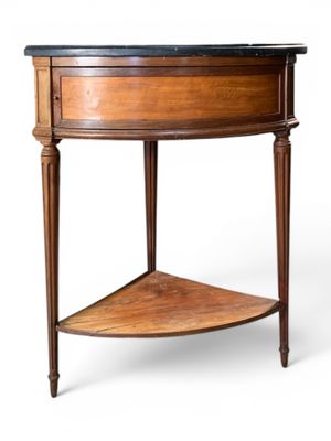 an image of a wooden corner table with a marble top