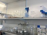 many glasses and bottles on the shelves in the room