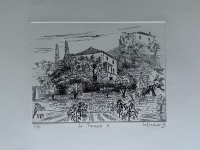 a black and white drawing of a house on a hill