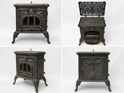 quatre vues différentes d'un poêle orné de quatre motifs différents