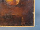 an oil painting of an orange on a table with a blue background