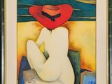 painting of a woman in a red hat sitting on a chair