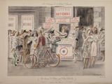 a drawing of a man on a bicycle in front of a crowd
