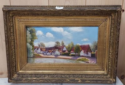 un tableau représentant un village avec une rivière au premier plan