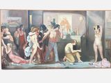 un tableau représentant une femme en train de laver un homme dans une salle de bains