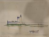 drawing of a small boat in the water near a small castle