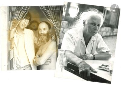 two black and white photos of a man and a woman sitting at a table