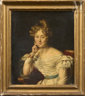 un tableau représentant une femme assise sur une chaise, la main posée sur le menton