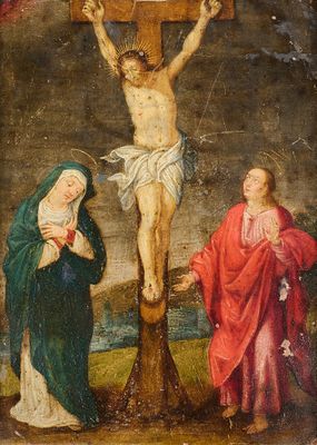 un vieux tableau représentant Jésus sur la croix avec trois femmes