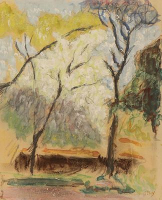 une image représentant un tableau avec des arbres et un banc dans un parc