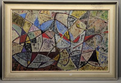 painting of abstract shapes and colors in a frame on a wall