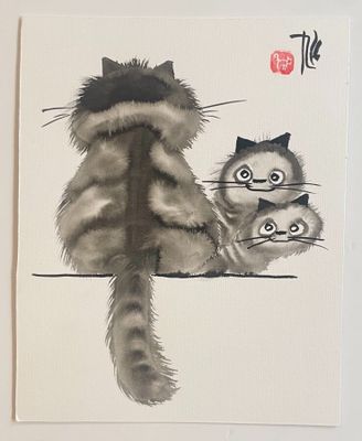 a painting of two cats sitting on top of a table